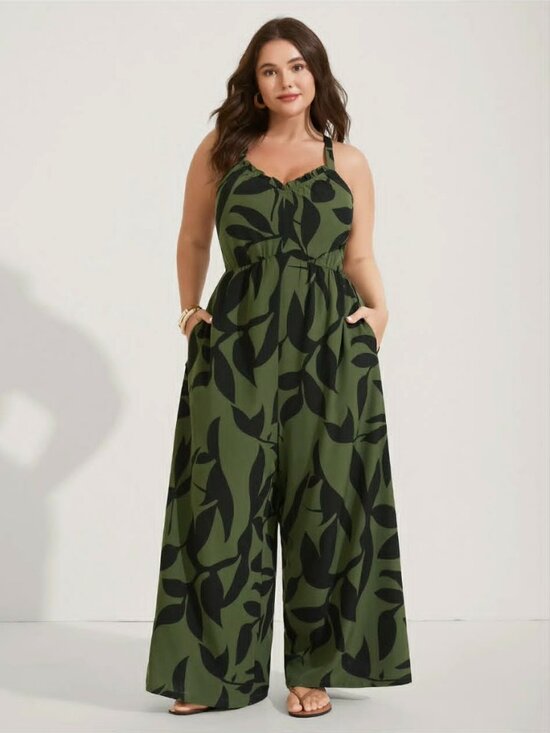 BloomChic Pants - BloomChic Olive & Black Leaf-Print Wide-Leg Plus Jumpsuit